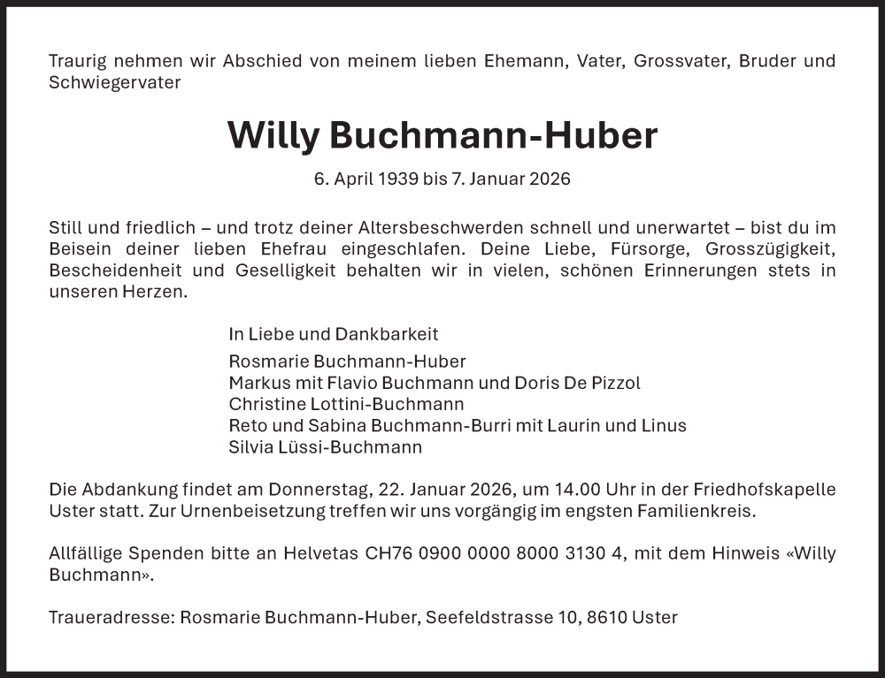  Traueranzeige für Willy Buchmann-Huber vom 14.01.2026 aus AvU