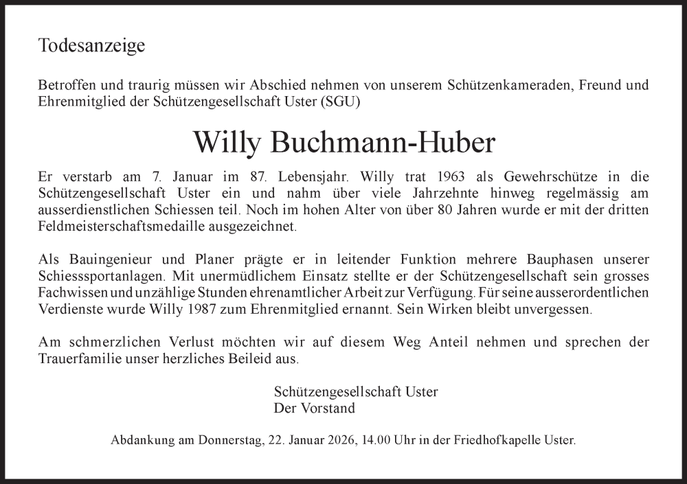  Traueranzeige für Willy Buchmann-Huber vom 15.01.2026 aus AvU