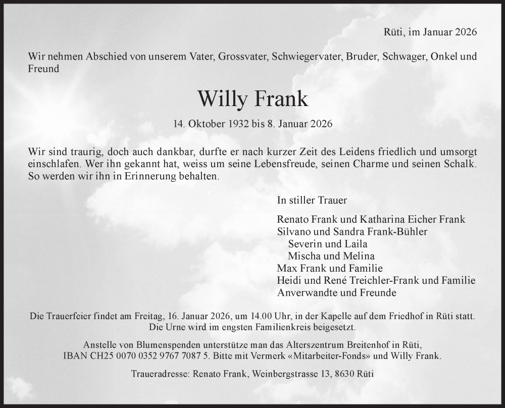  Traueranzeige für Willy Frank vom 14.01.2026 aus AvU