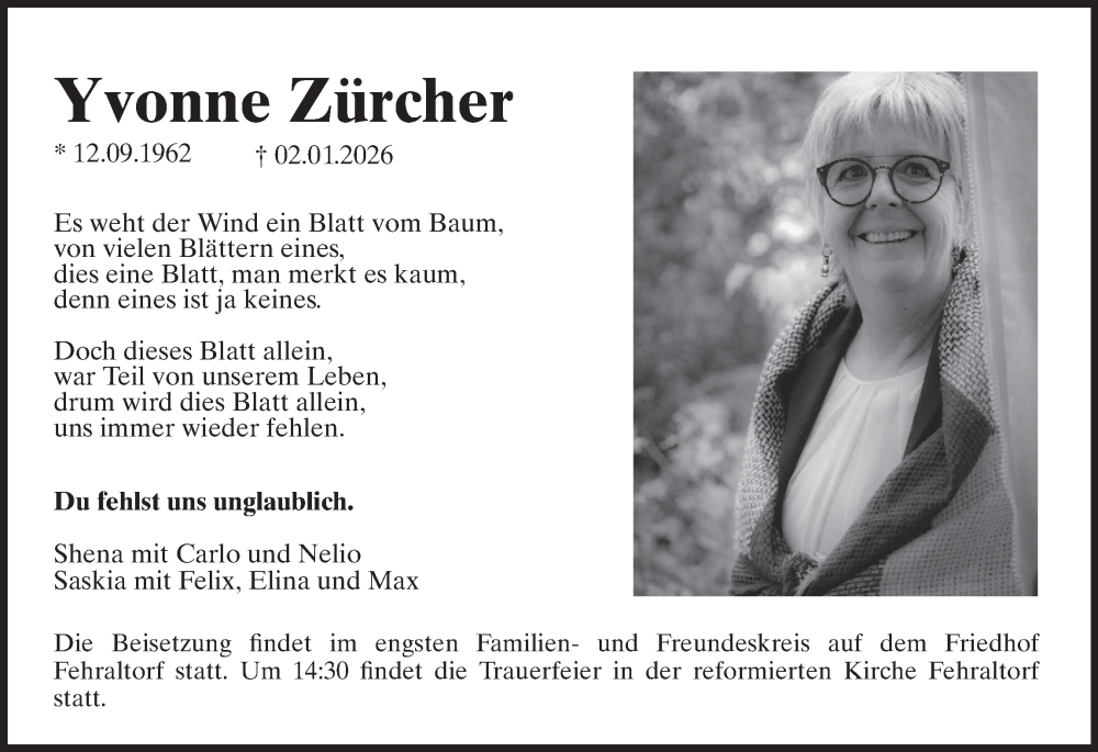  Traueranzeige für Yvonne Zürcher vom 15.01.2026 aus AvU