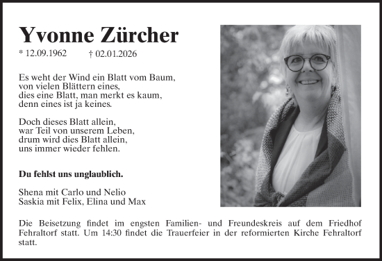 Traueranzeige von Yvonne Zürcher von AvU