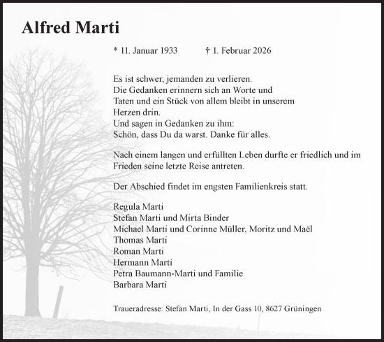Traueranzeige von Alfred Marti von AvU