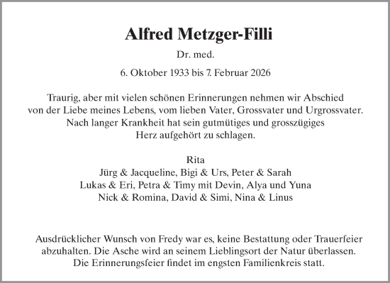 Traueranzeige von Alfred Metzger-Filli von VO solo