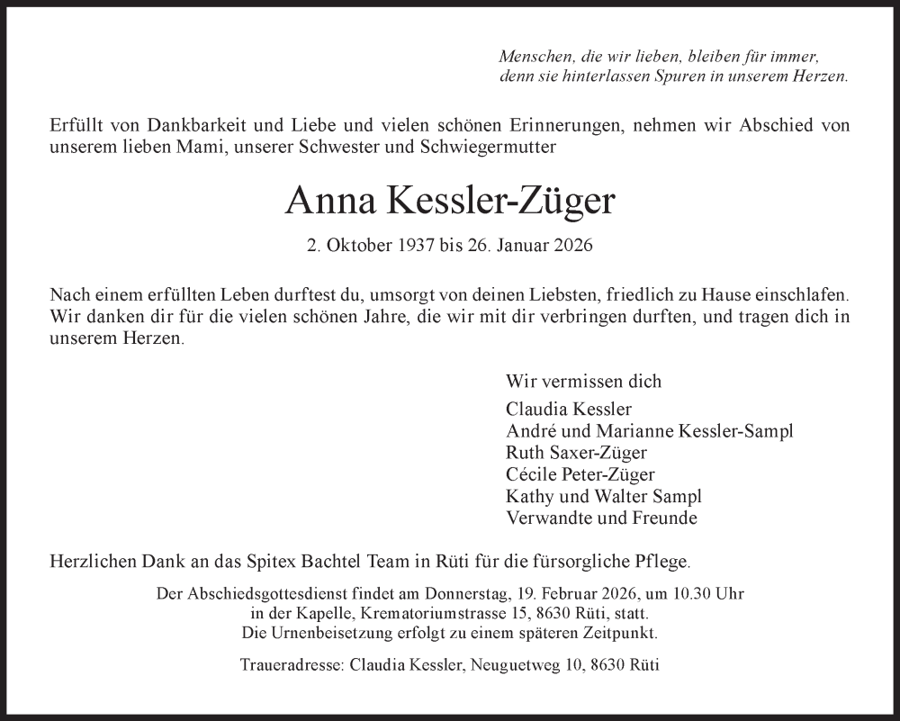  Traueranzeige für Anna Kessler-Züger vom 04.02.2026 aus AvU