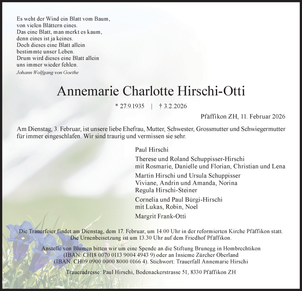  Traueranzeige für Annemarie Charlotte Hirschi-Otti vom 11.02.2026 aus AvU