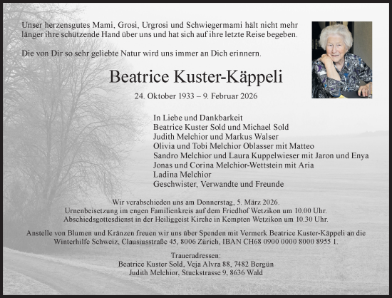 Traueranzeige von Beatrice Kuster-Käppeli von AvU