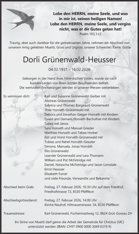 Traueranzeige von Dorli Grünenwald-Heusser von AvU