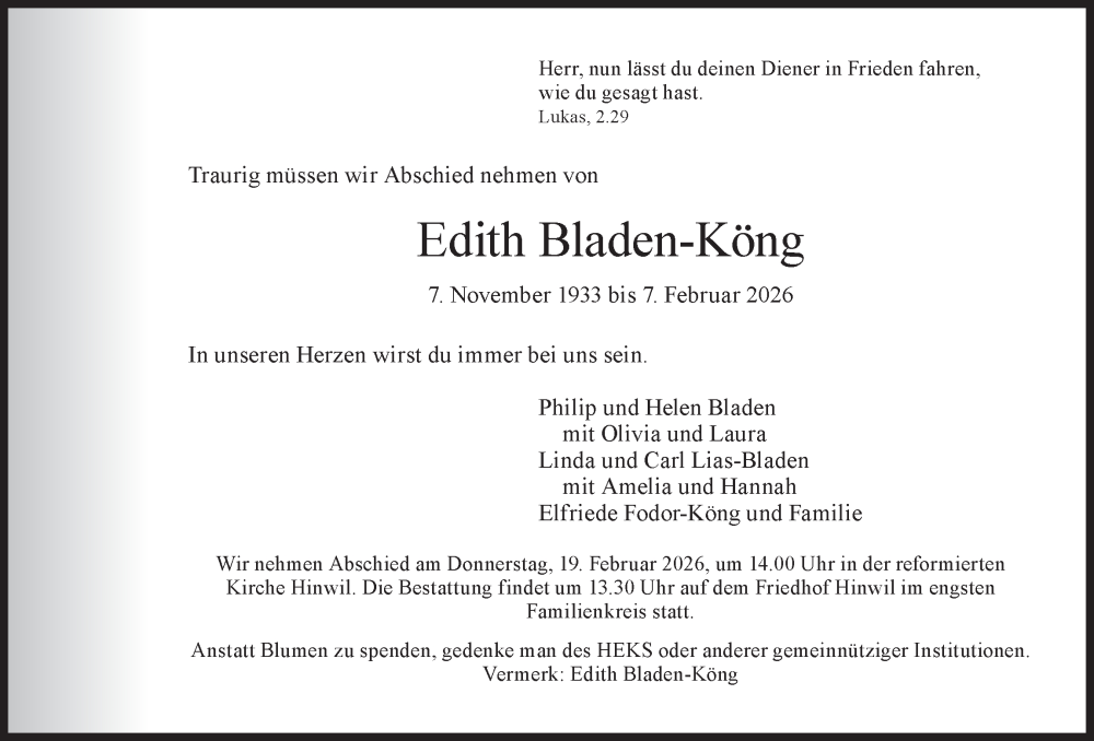  Traueranzeige für Edith Bladen-Köng vom 14.02.2026 aus AvU