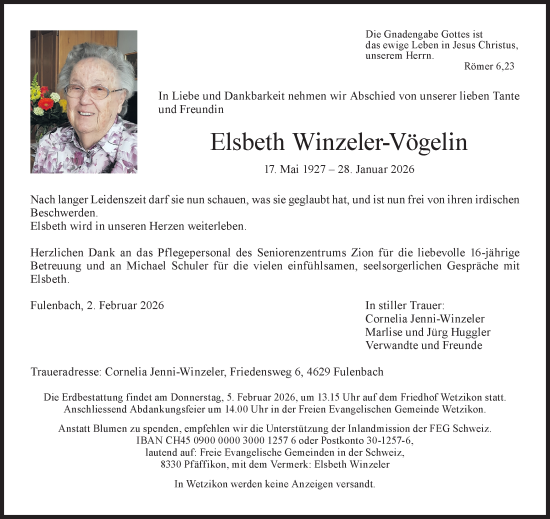 Traueranzeige von Elsbeth Winzeler-Vögelin von AvU