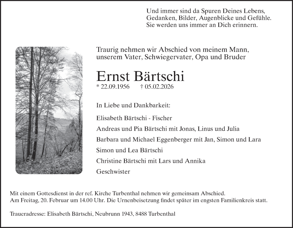  Traueranzeige für Ernst Bärtschi vom 11.02.2026 aus AvU