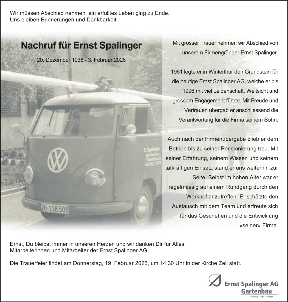  Traueranzeige für Ernst Spalinger vom 11.02.2026 aus AvU