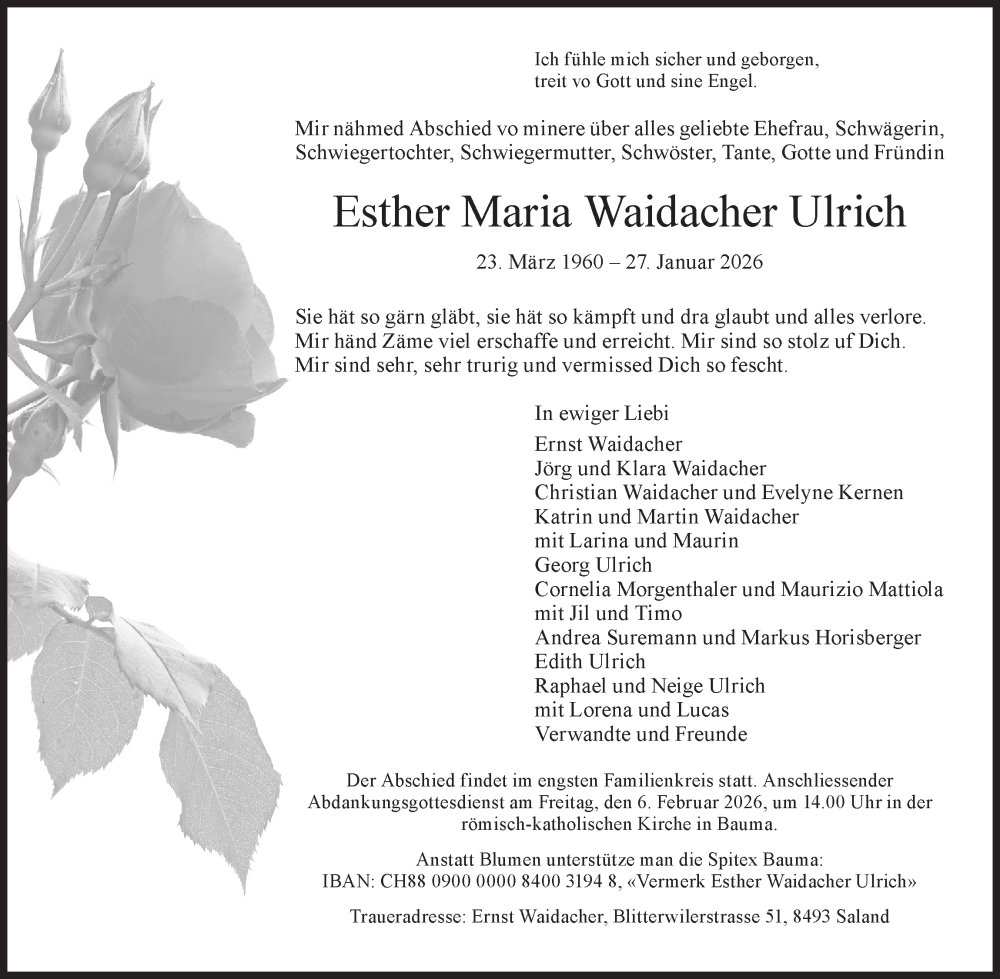  Traueranzeige für Esther Maria Waidacher Ulrich vom 04.02.2026 aus AvU