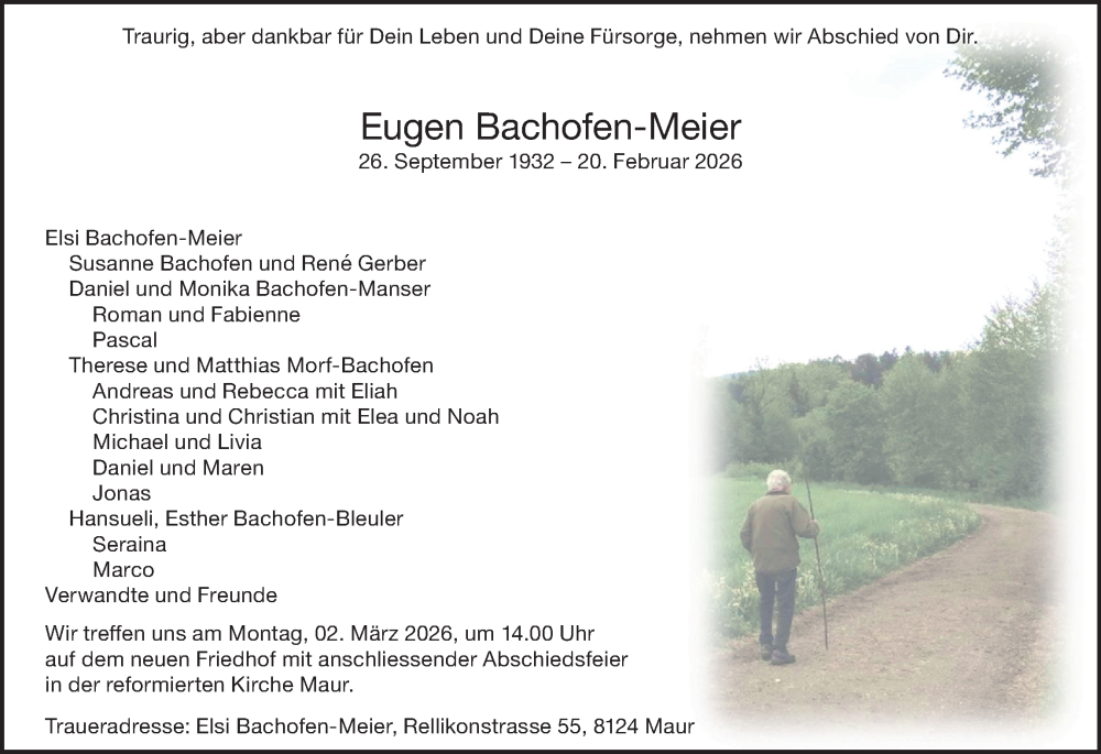  Traueranzeige für Eugen Bachofen-Meier vom 25.02.2026 aus AvU