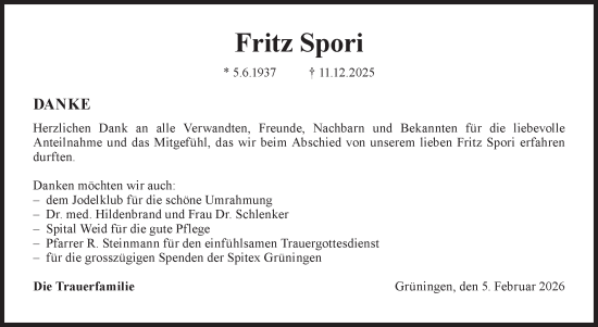 Traueranzeige von Fritz Spori von AvU