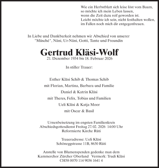 Traueranzeige von Gertrud Kläsi-Wolf von AvU