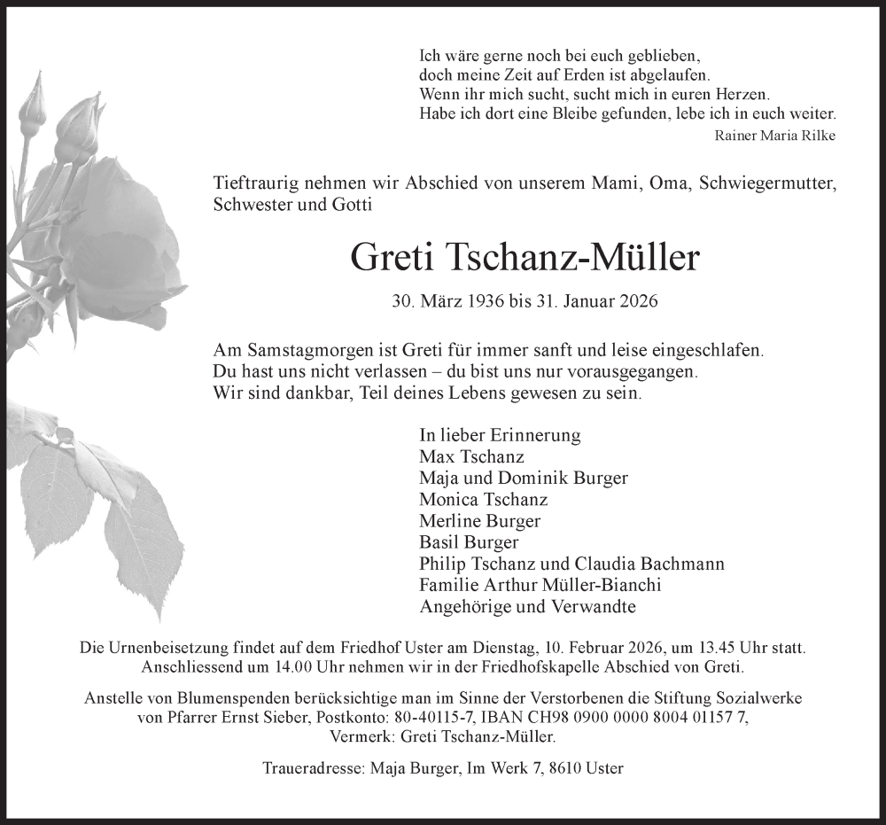  Traueranzeige für Greti Tschanz-Müller vom 05.02.2026 aus AvU