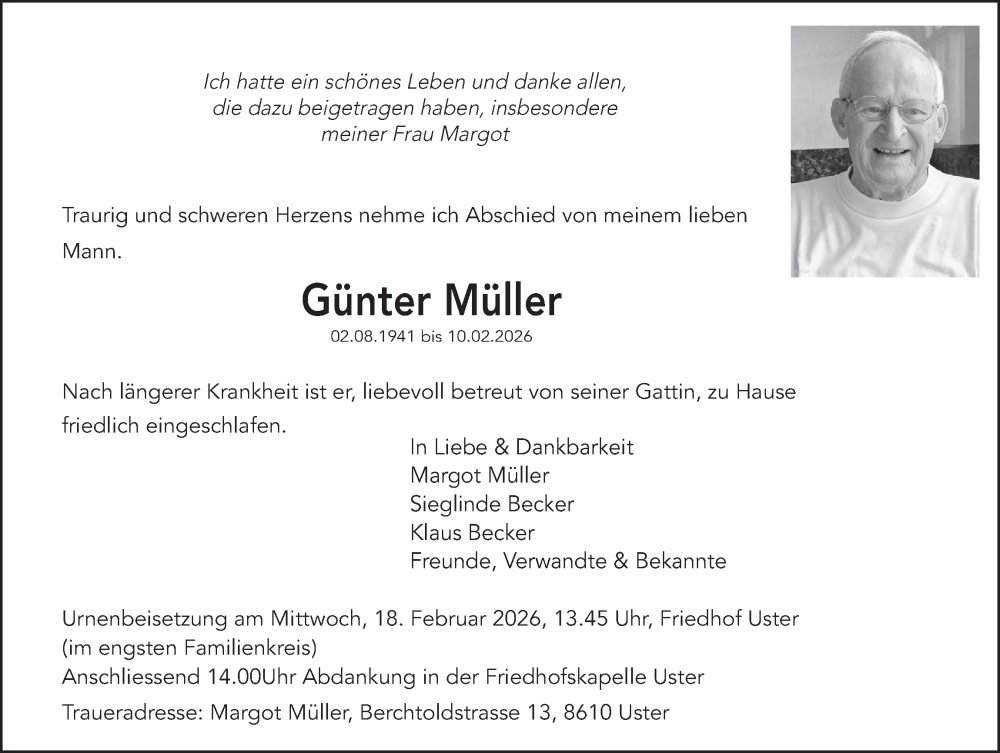  Traueranzeige für Günter Müller vom 17.02.2026 aus AvU