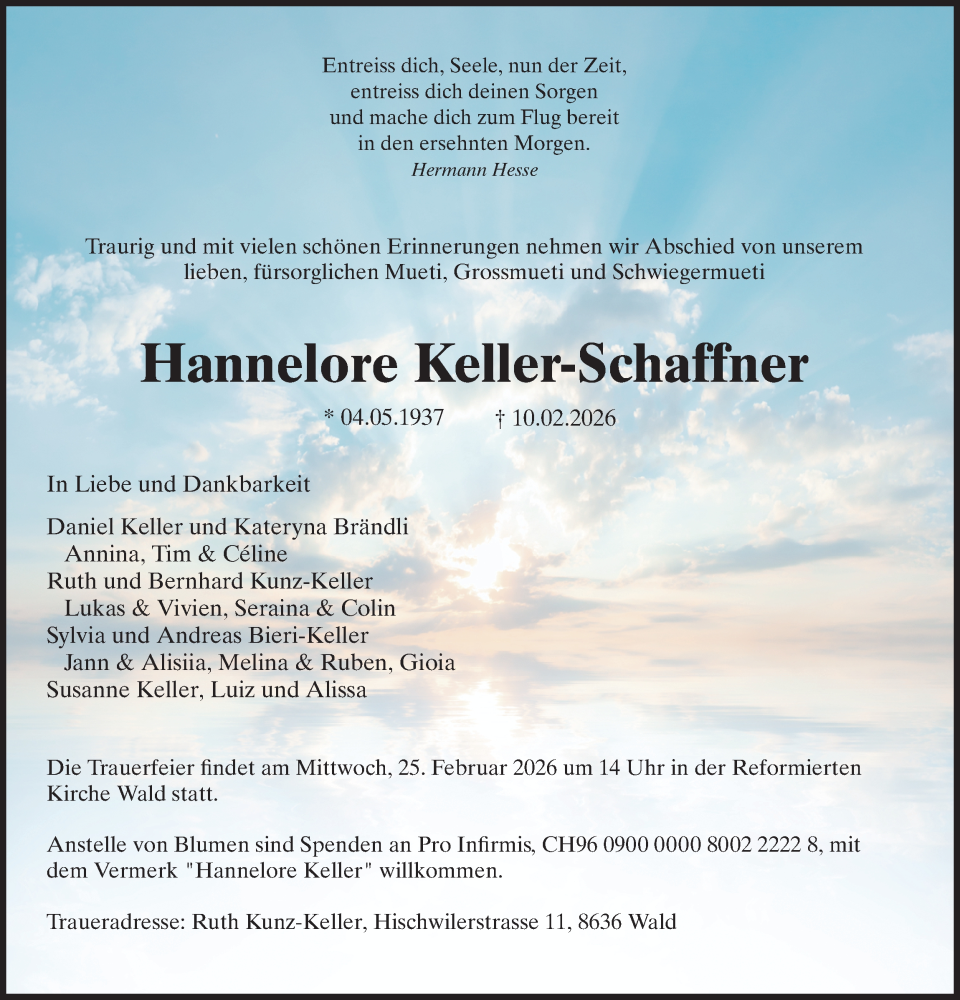  Traueranzeige für Hannelore Keller-Schaffner vom 18.02.2026 aus AvU