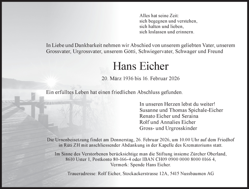  Traueranzeige für Hans Eicher vom 23.02.2026 aus AvU