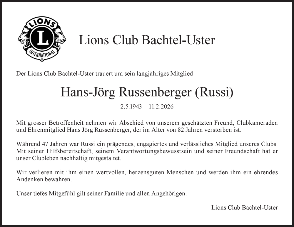  Traueranzeige für Hans-Jörg Russenberger vom 18.02.2026 aus AvU