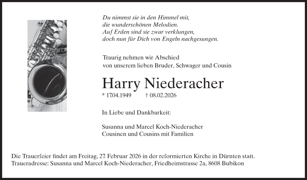  Traueranzeige für Harry Niederacher vom 18.02.2026 aus AvU