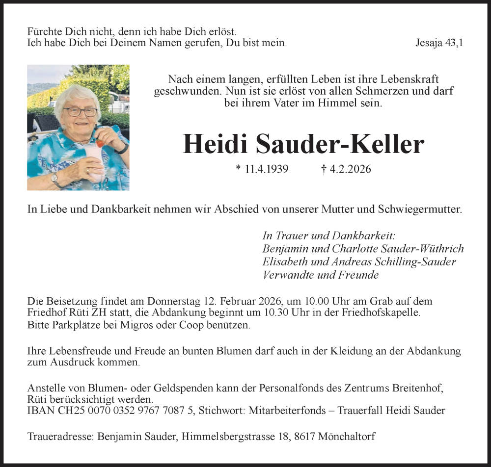  Traueranzeige für Heidi Sauder-Keller vom 11.02.2026 aus AvU