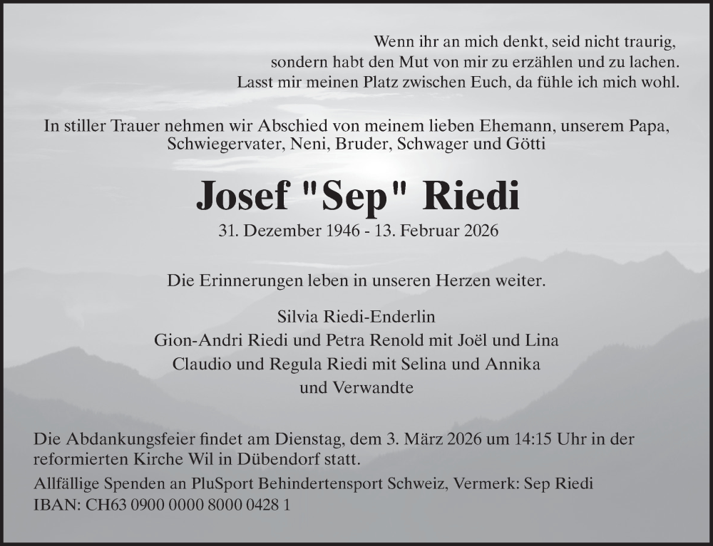  Traueranzeige für Josef Riedi vom 20.02.2026 aus VO solo