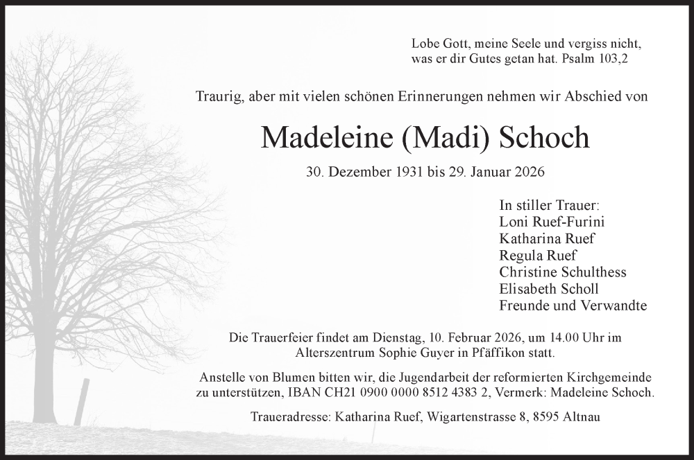  Traueranzeige für Madeleine Schoch vom 04.02.2026 aus AvU