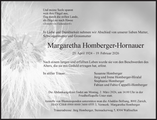 Traueranzeige von Margaretha Homberger-Hornauer von AvU