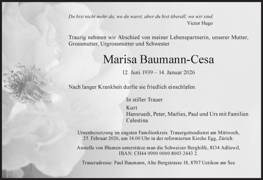  Traueranzeige für Marisa Baumann-Cesa vom 18.02.2026 aus AvU