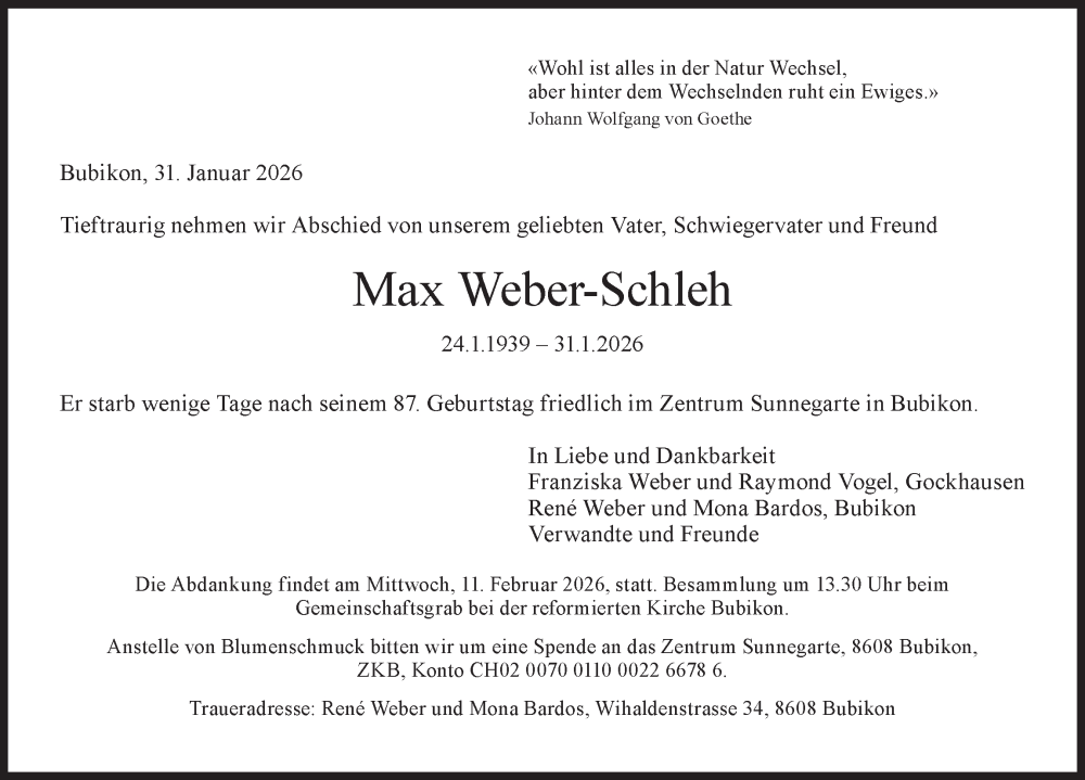  Traueranzeige für Max Weber-Schleh vom 05.02.2026 aus AvU