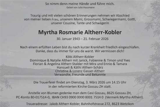Traueranzeige von Myrtha Rosmarie Altherr-Kobler von AvU