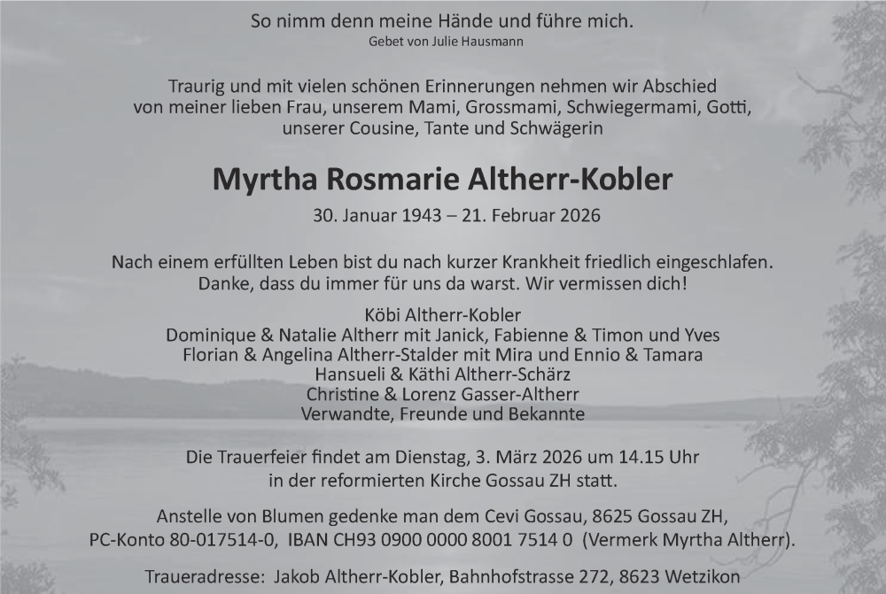  Traueranzeige für Myrtha Rosmarie Altherr-Kobler vom 25.02.2026 aus AvU