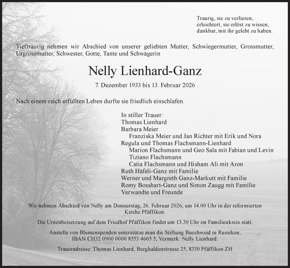  Traueranzeige für Nelly Lienhard-Ganz vom 23.02.2026 aus AvU