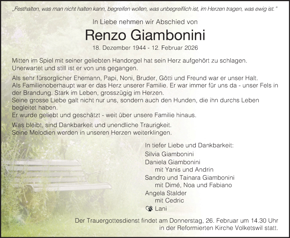  Traueranzeige für Renzo Giambonini vom 19.02.2026 aus ZO solo