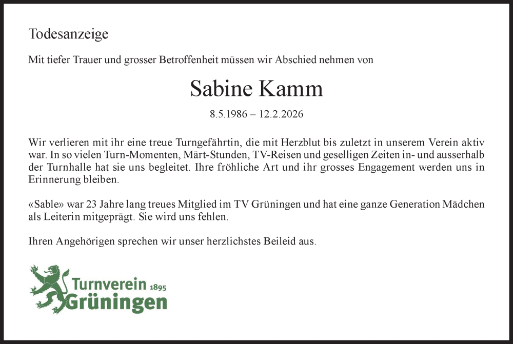  Traueranzeige für Sabine Kamm vom 19.02.2026 aus ZO solo
