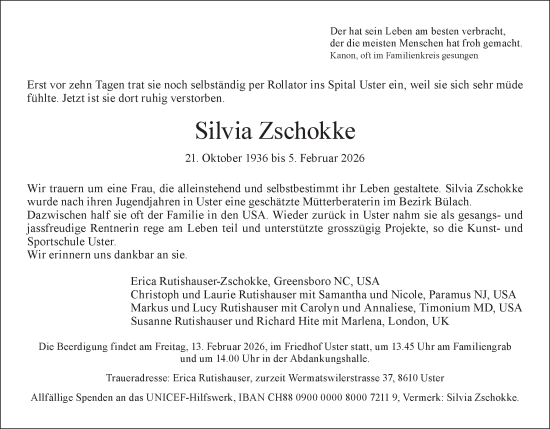 Traueranzeige von Silvia Zschokke von AvU
