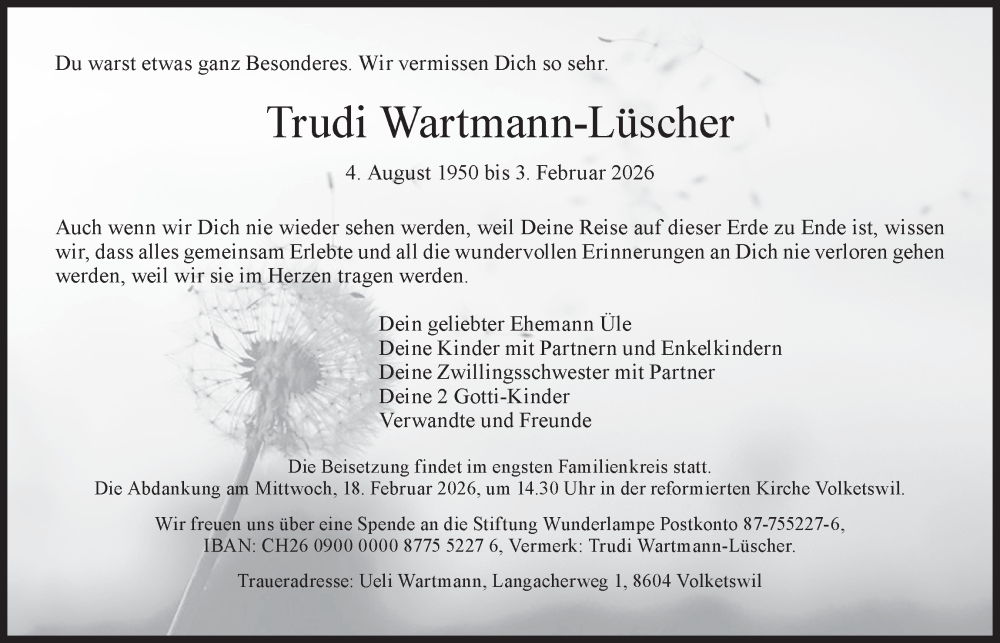  Traueranzeige für Trudi Wartmann-Lüscher vom 11.02.2026 aus AvU