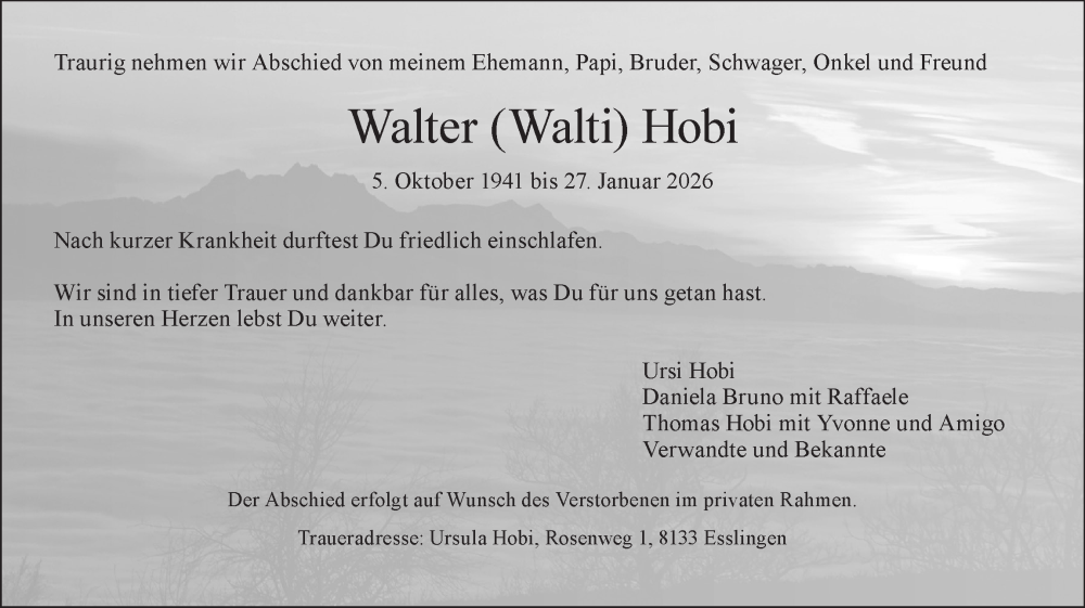  Traueranzeige für Walter Hobi vom 04.02.2026 aus AvU