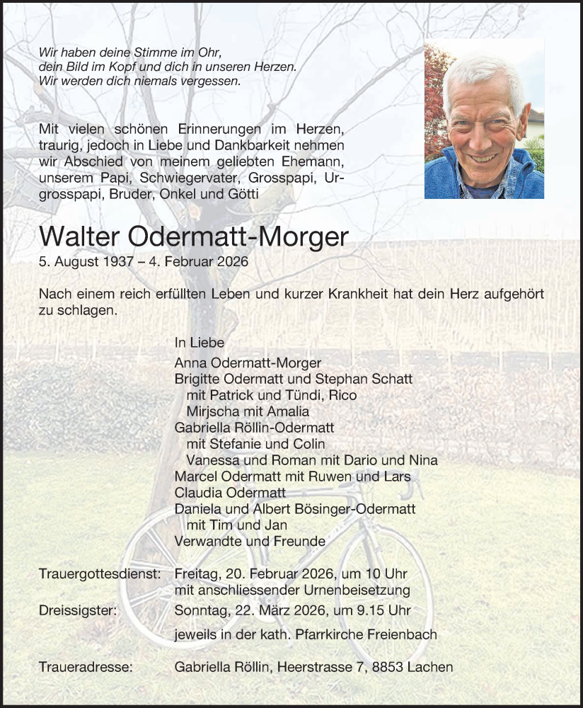 Traueranzeige für Walter Odermatt-Morger vom 11.02.2026 aus AvU