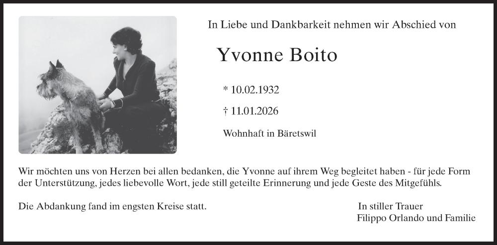  Traueranzeige für Yvonne Boito vom 04.02.2026 aus AvU