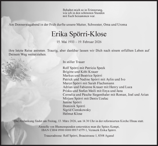 Traueranzeige von Erika Spörri-Klose von AvU
